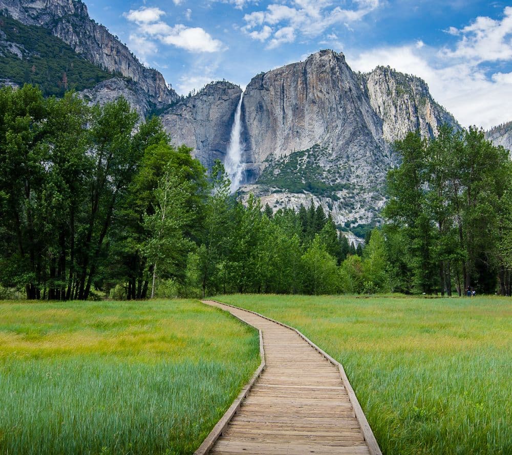 A wooden path winds through lush greenery, leading towards a towering mountain with a waterfall cascading down its face under a blue sky.